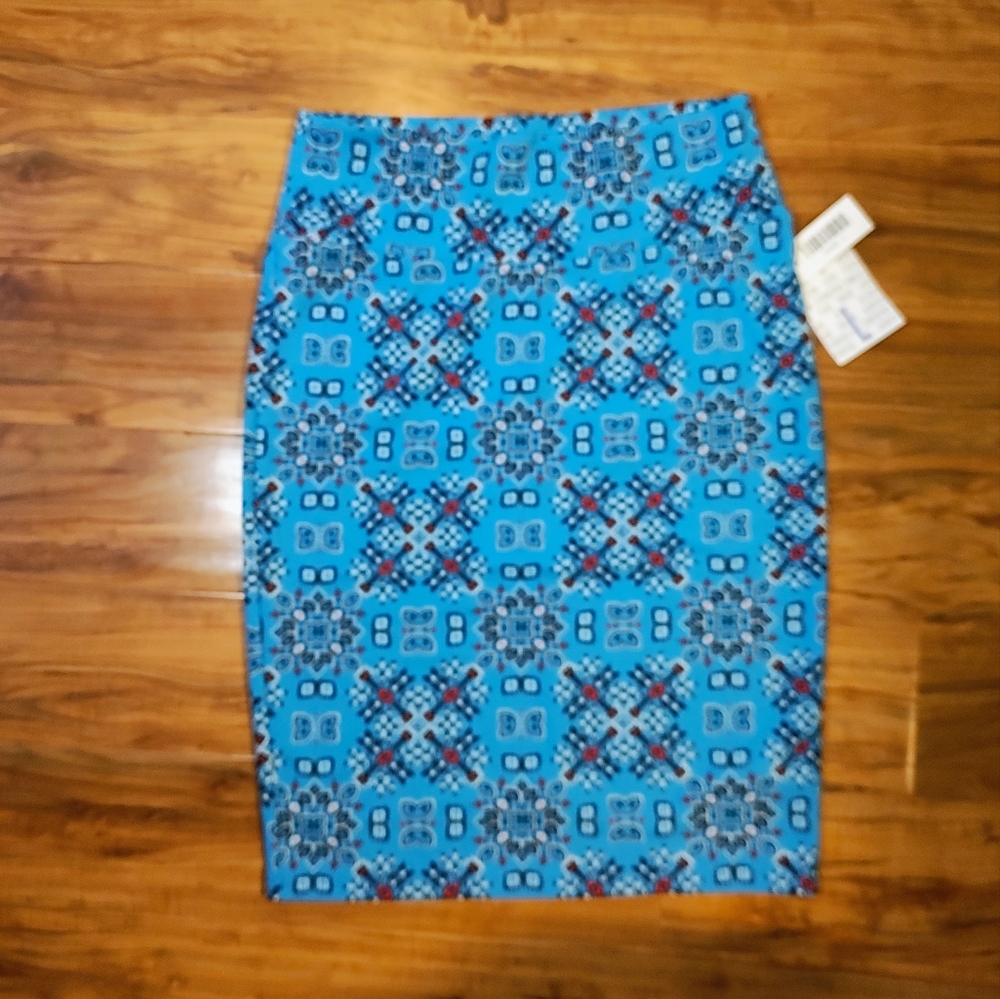 LuLaRoe L Cassie Blue Midi Pencil Skirt Office Casual Colorful Comfy